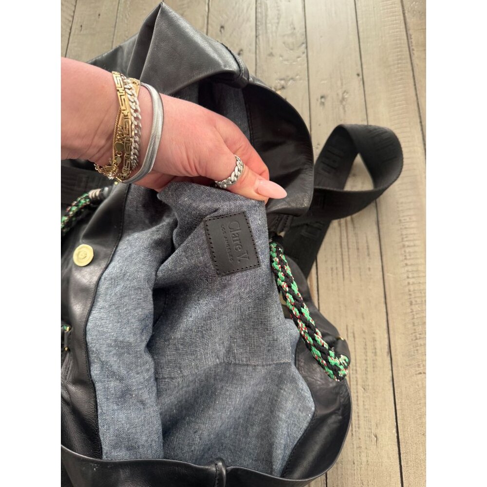 Black Leather Tote Bag with Braided Green Handle Clare V - Picture 8 of 9